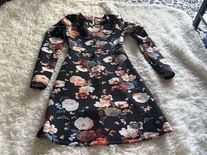 Abercrombie & Fitch Black Floral Scuba Knit Long Sleeve Fit & Flare Mini Dress